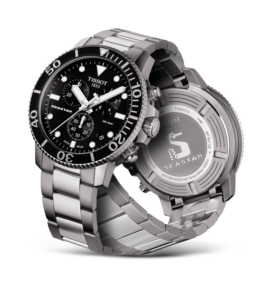 Tissot Seastar Chronograph 45mm Black Dial front back